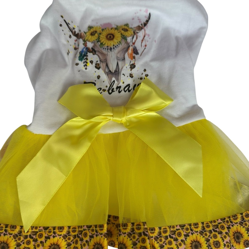 Yikeyo‎ Dog Dress Small Yellow Sunflower Boho Cow Skull Tutu Pet Apparel New